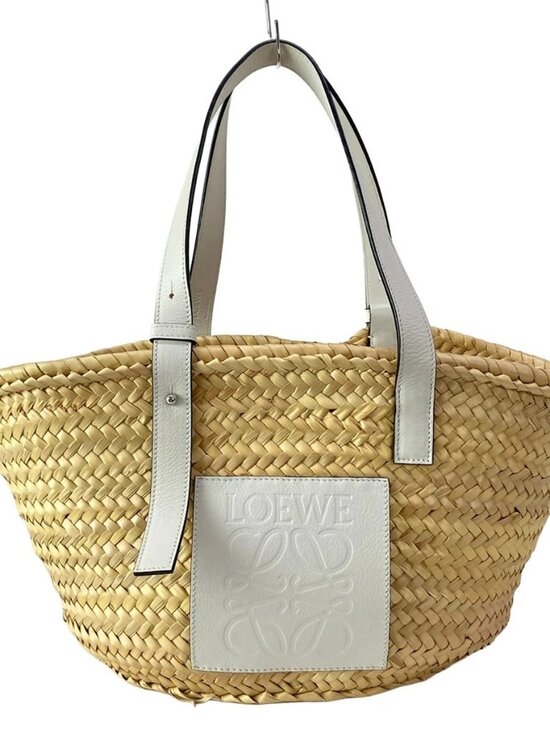 Loewe Handbags - LOEWE Basket A223S93X28 Beige White Palm Leaf Calf Leather Tote Bag